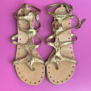 Bamboo Women 7 Gladiator Sandals Gold Metallic Snakeskin Strappy GUC